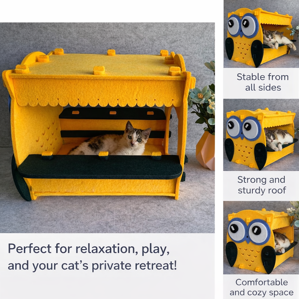 Owl Cozy Cat House Bed – Warm Enclosed Hideout with Elevated Lounge Platform