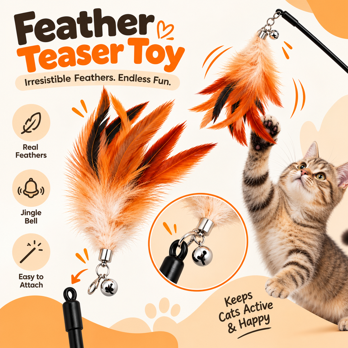 Natural Feather Cat Teaser Toy with Bell – Pack of 4