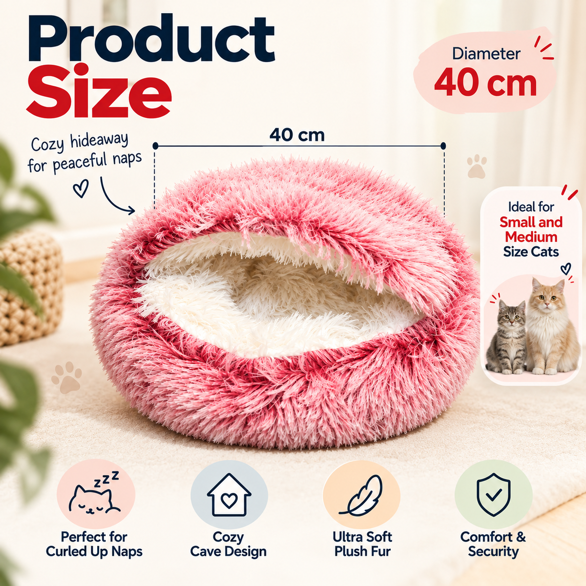 Cat Cave Bed – Soft Plush Hooded Ideal for Small Cats