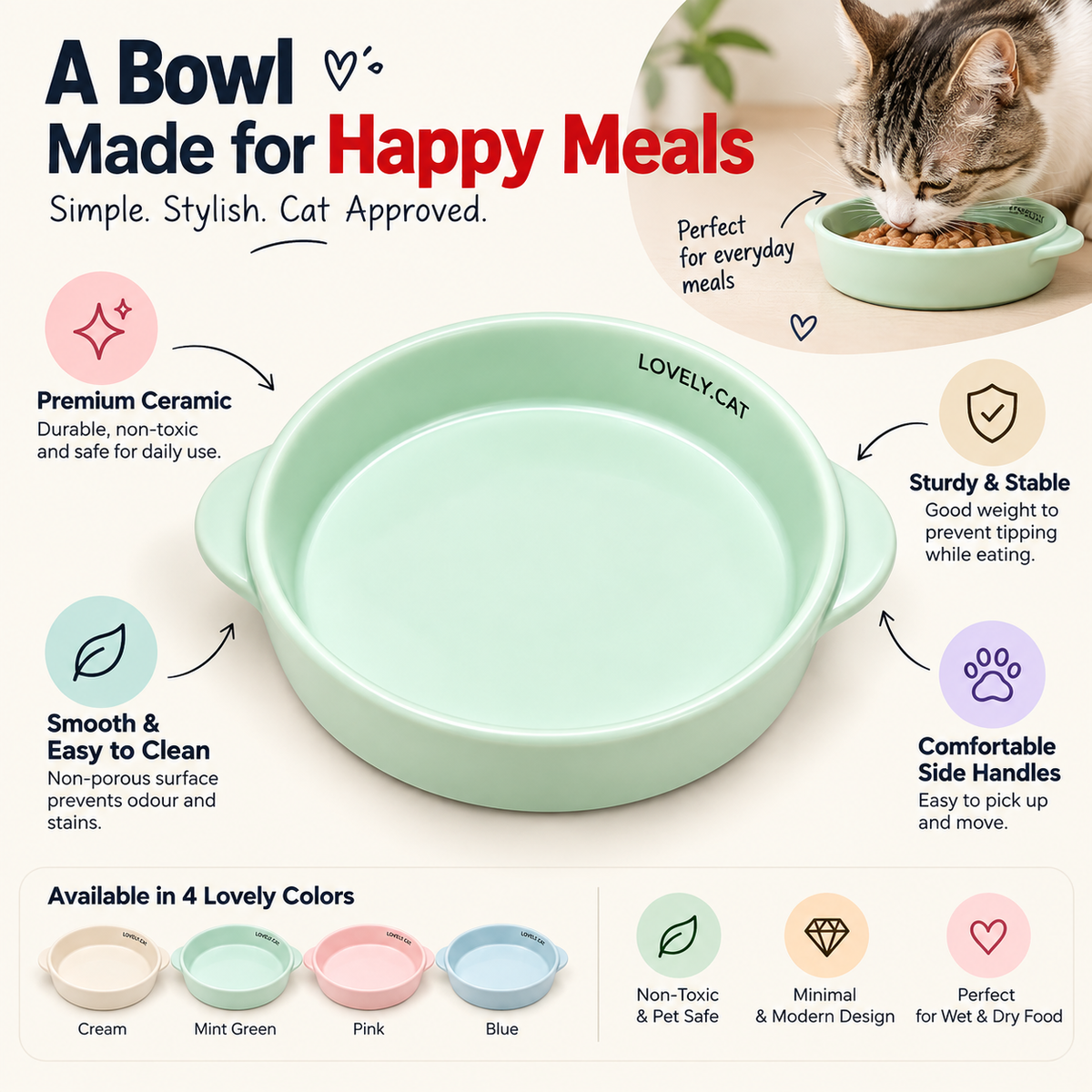 Ceramic Cat Bowl with Side Handles | 15.2 cm