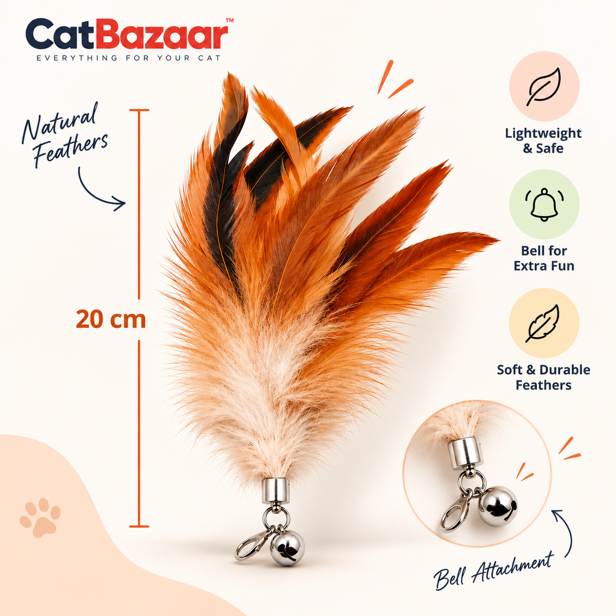 Natural Feather Cat Teaser Toy with Bell – Pack of 4