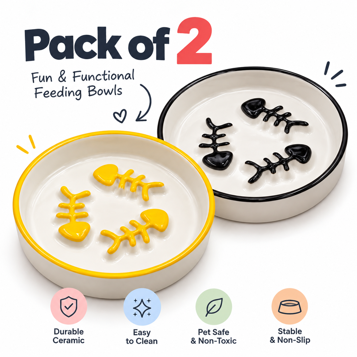 Ceramic Slow Feeder Cat Bowl with Fishbone Design – Anti-Gulping