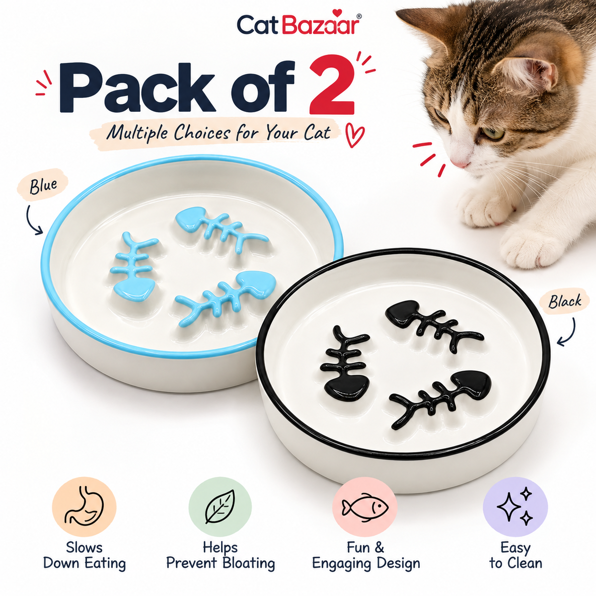 Ceramic Slow Feeder Cat Bowl with Fishbone Design – Anti-Gulping