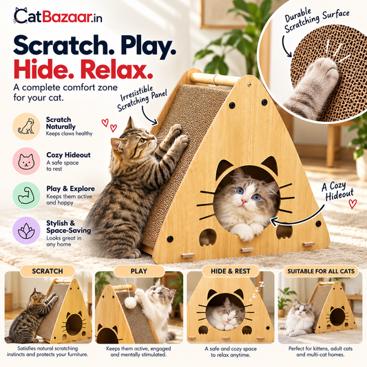 Wooden Cat Scratcher House with Cozy Hideout – Triangular Cat Scratching Board