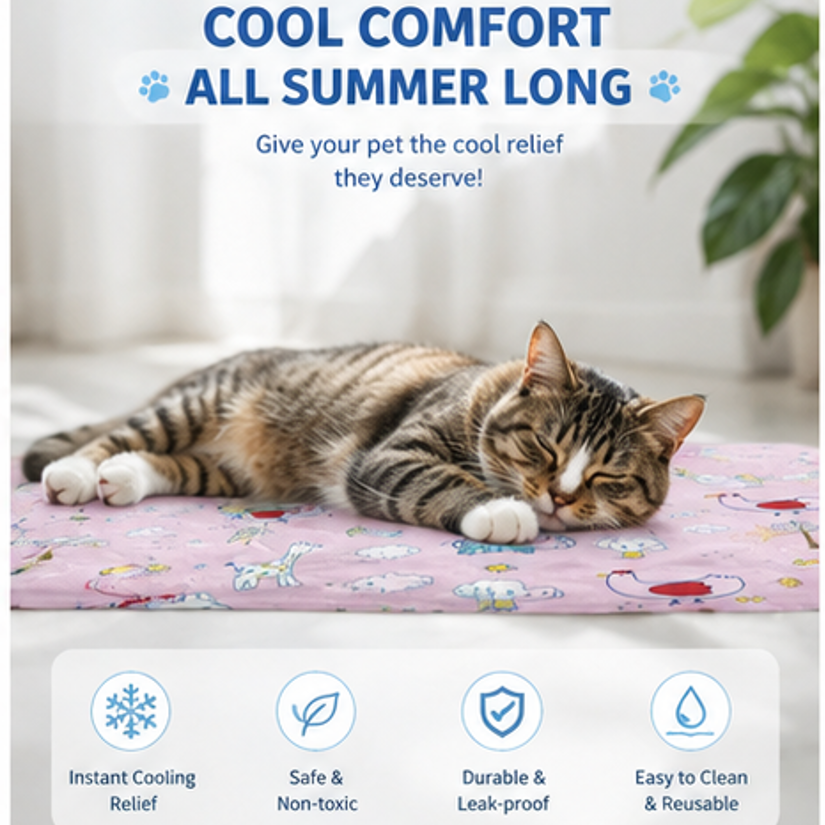 Cat lying on a pink pet bed with text about cool comfort and product features.
