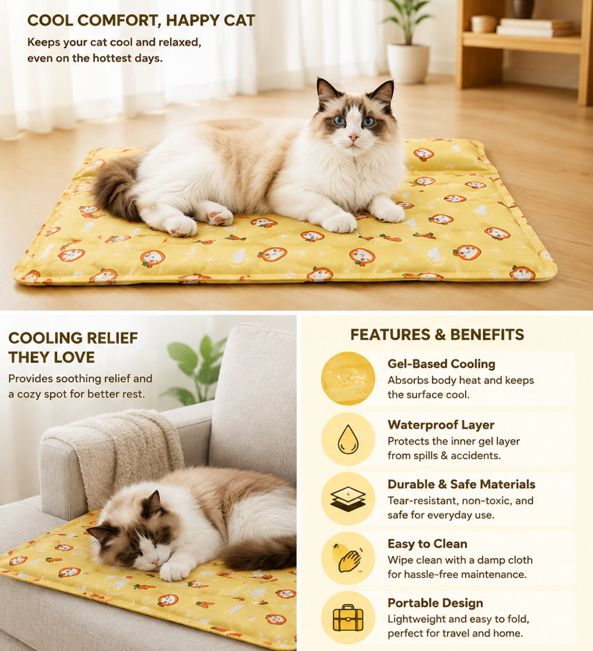 Gel-Based Cooling Bed for Cats – Summer Cooling Mat with Pillow