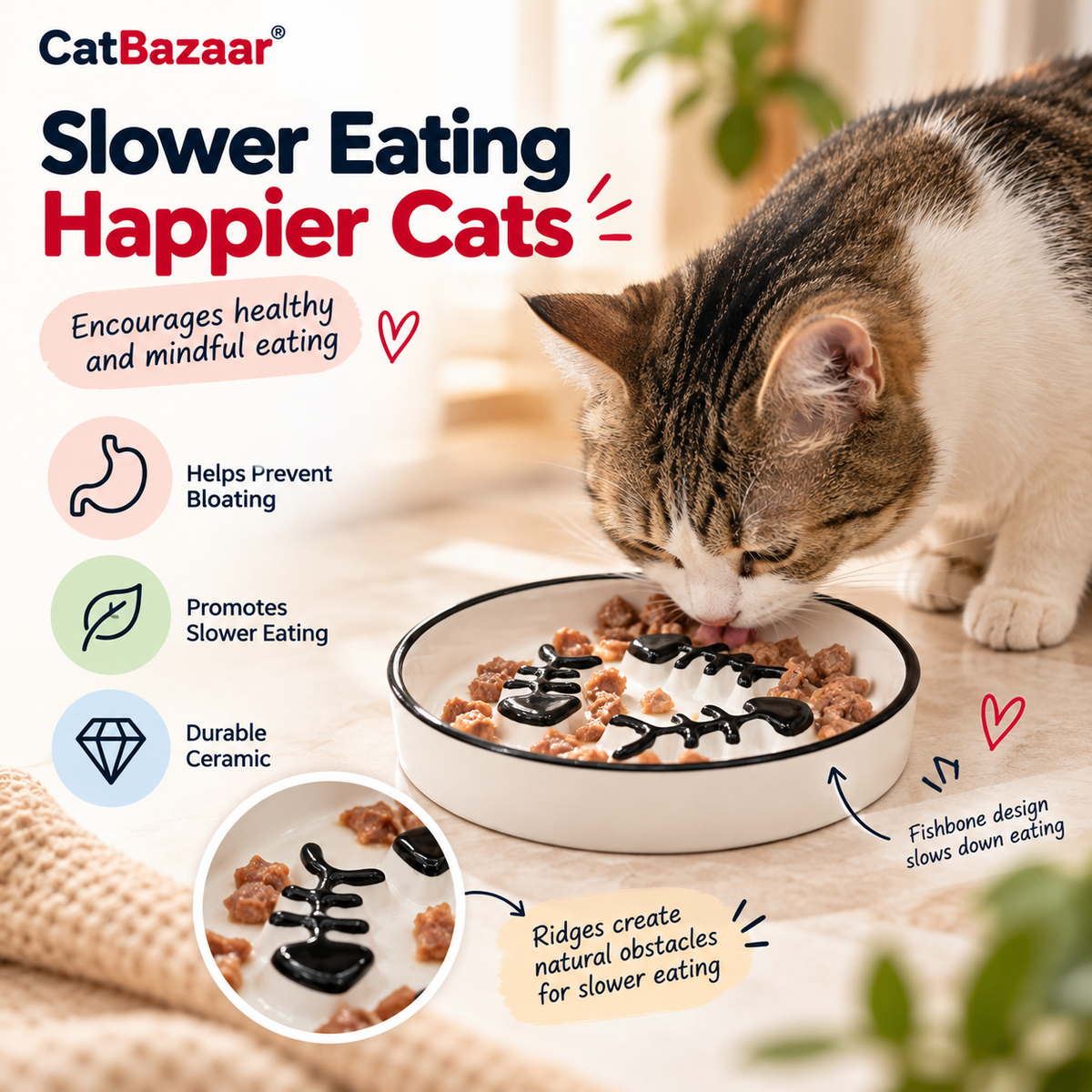 Ceramic Slow Feeder Cat Bowl with Fishbone Design – Anti-Gulping