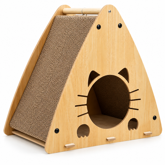 Wooden Cat Scratcher House with Cozy Hideout – Triangular Cat Scratching Board