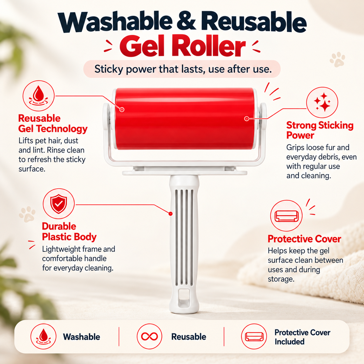 Reusable Gel Lint Roller for Pet Hair, Clothes & Furniture