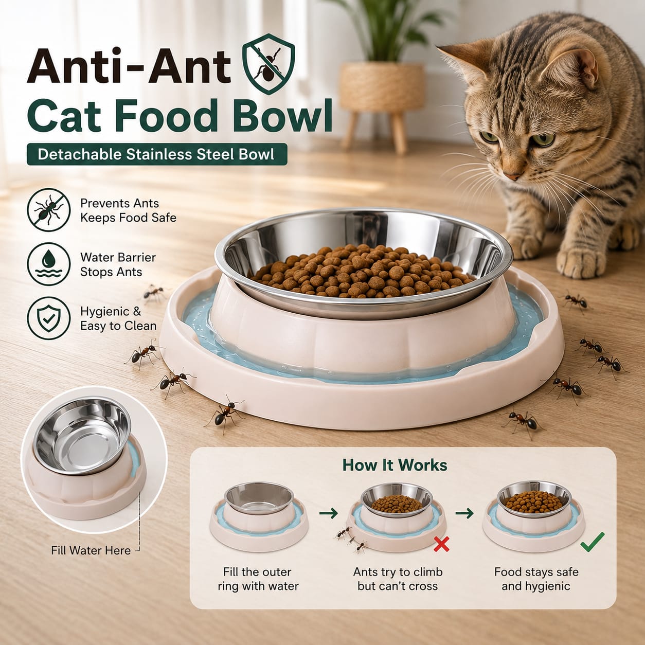 Anti-Ant Cat Food Bowl – Detachable Stainless Steel Bowl