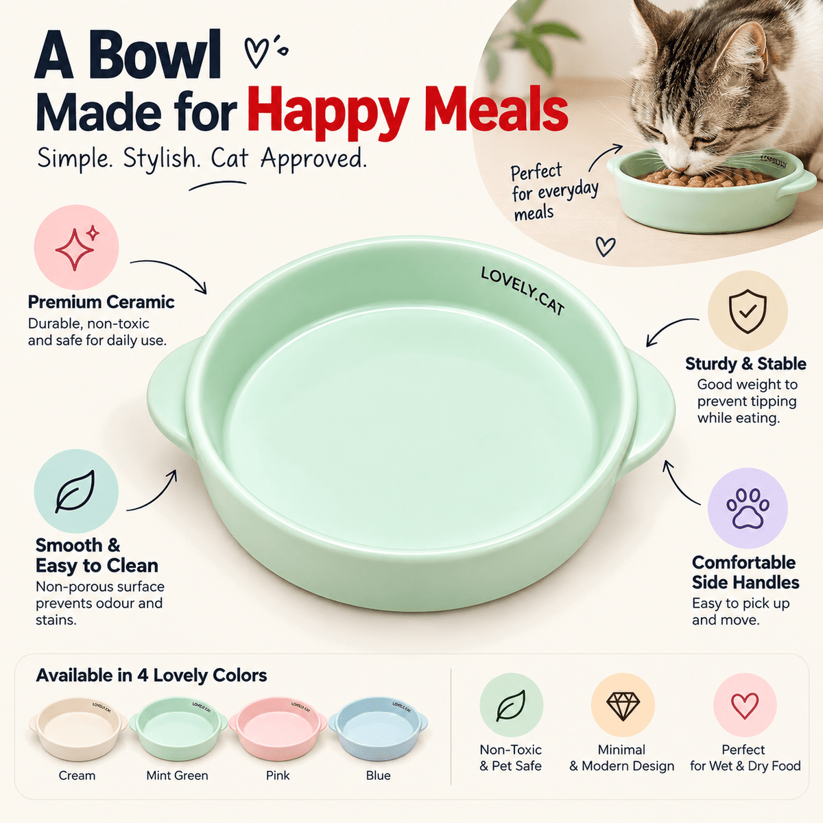 Ceramic Cat Bowl with Side Handles | 15.2 cm Small Cats - Catbazaar.in