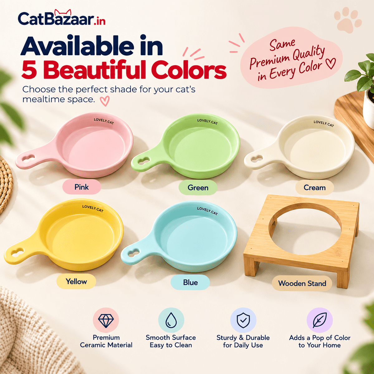 Ceramic food bowl with handle-Wooden Stand - Catbazaar.in