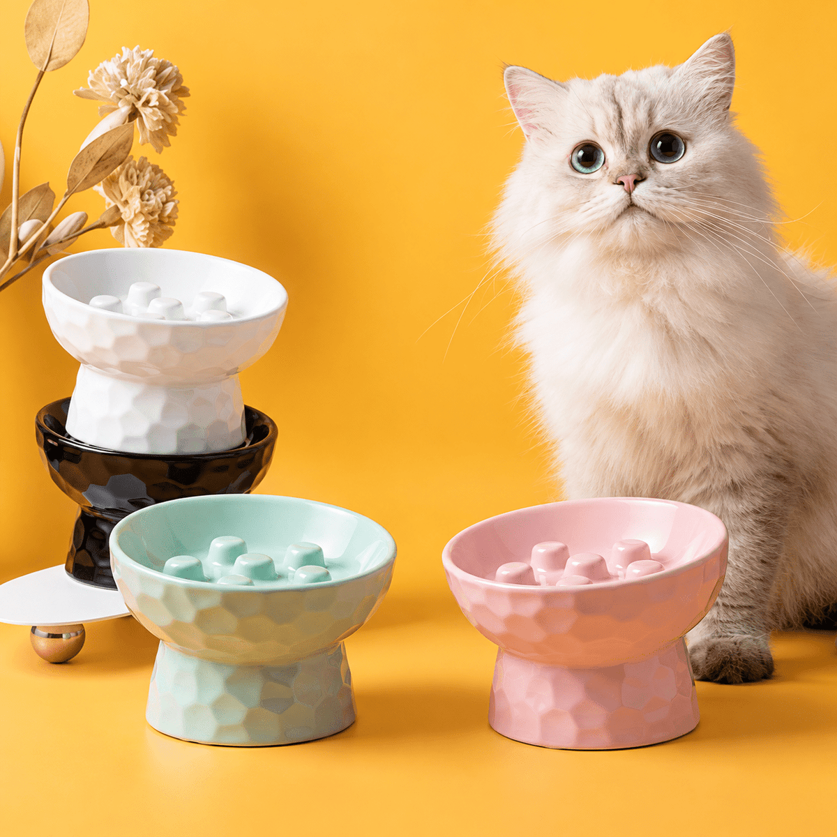 Ceramic Slow Feeder Bowl-Elevated | Anti-Gulp - Catbazaar.in