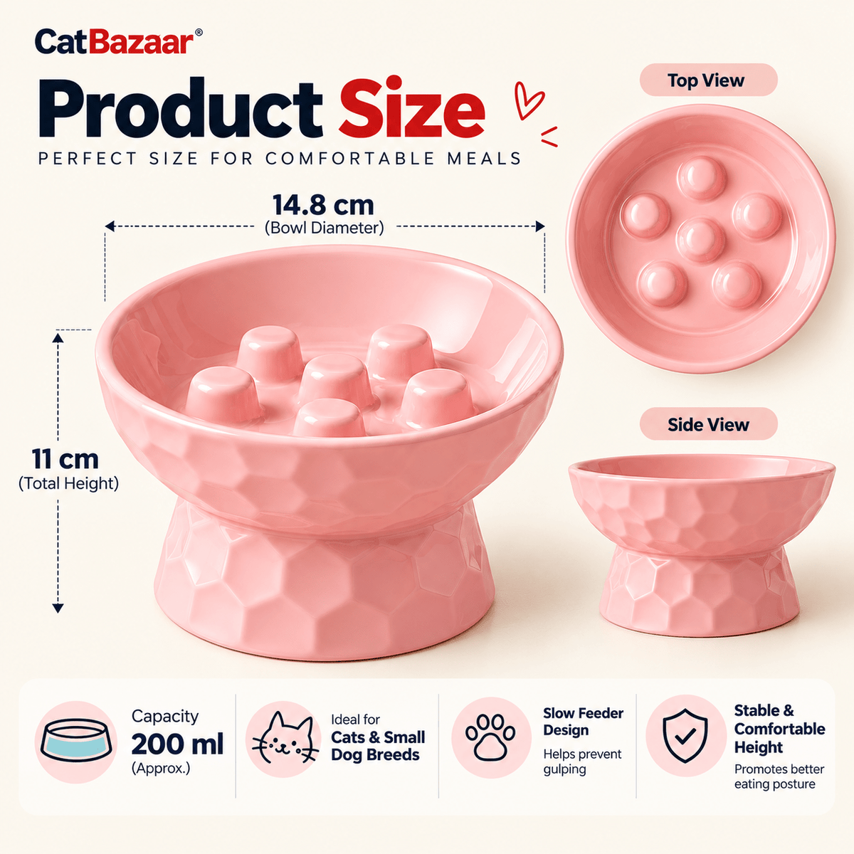 Ceramic Slow Feeder Bowl-Elevated | Anti-Gulp - Catbazaar.in