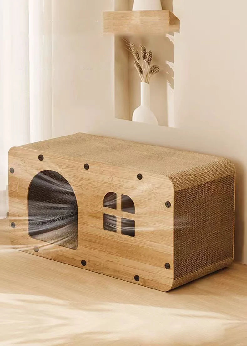 Wooden Cat House with Scratcher Bed | 2-in-1 Cat Hideout, Scratching Lounge & Resting Box for Indoor Cats