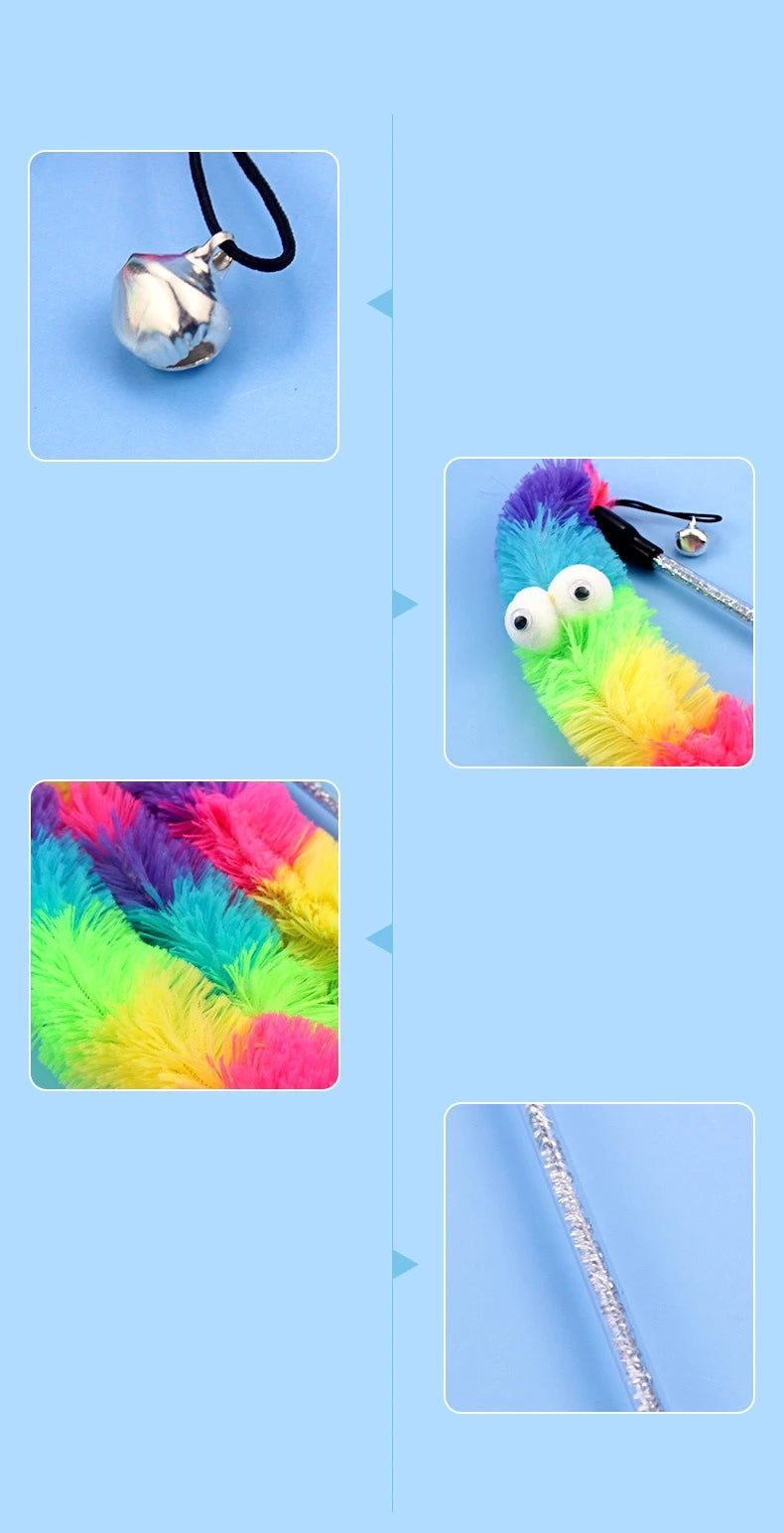 Rainbow Caterpillar Cat Teaser Wand with Bell | Pack of Two