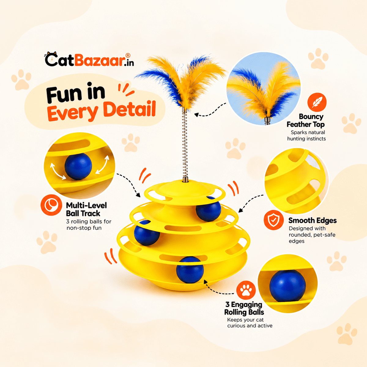 Interactive Cat Toy Tower – 3-Tier Ball Track & Feather - Catbazaar.in