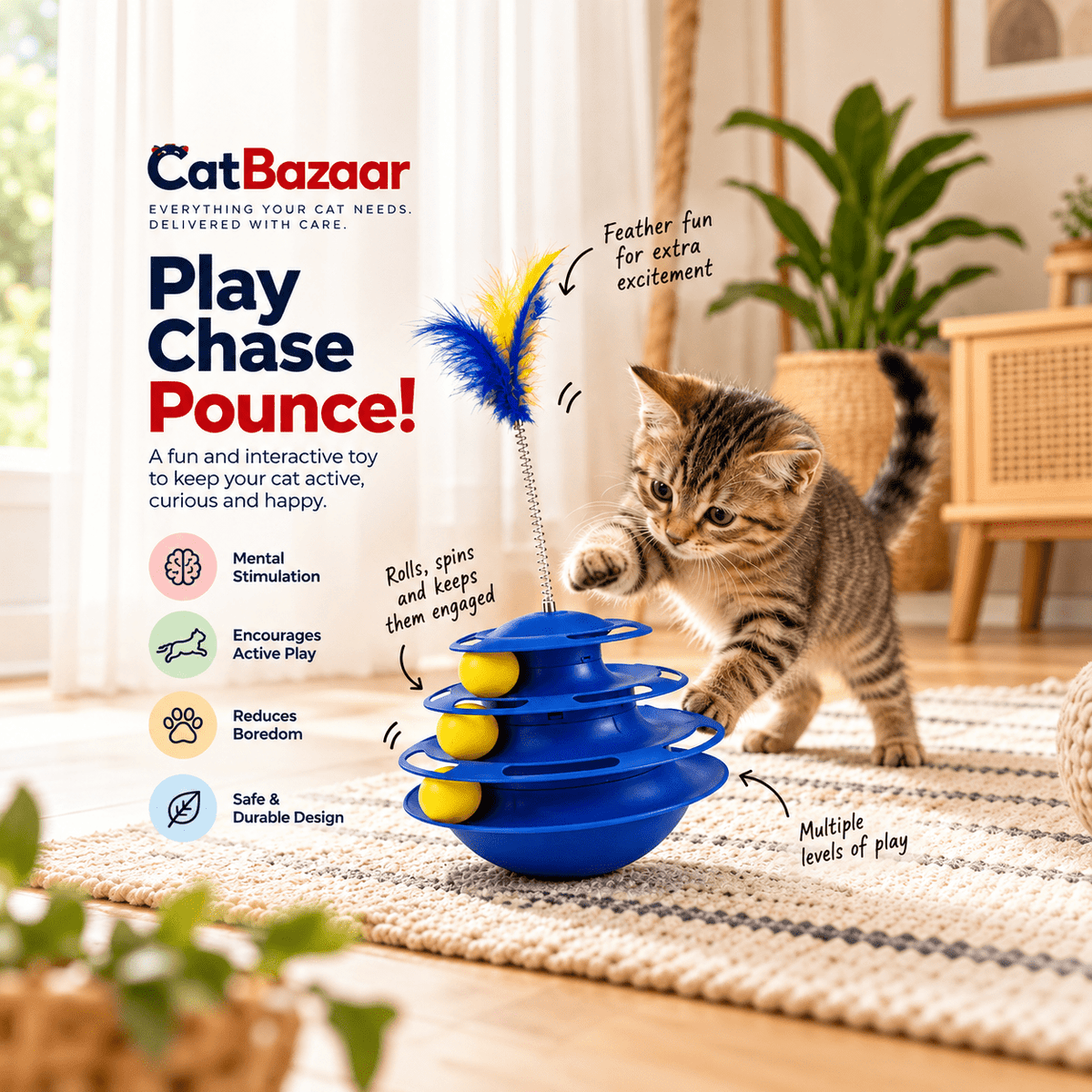 Interactive Cat Toy Tower – 3-Tier Ball Track & Feather - Catbazaar.in