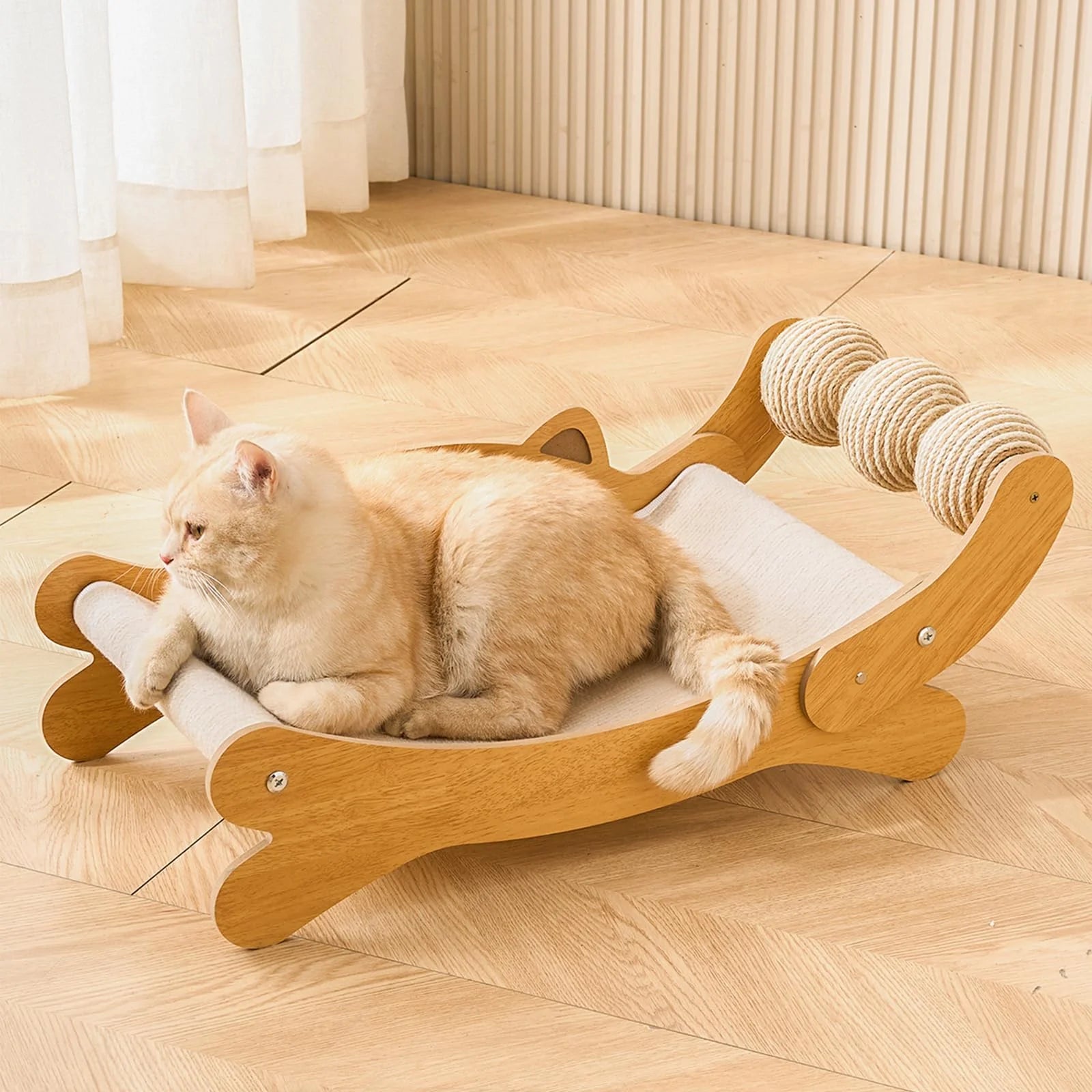 Curved Cat Lounger with Sisal Scratcher & Toy Balls | Wooden Cat Bed + Scratcher Combo