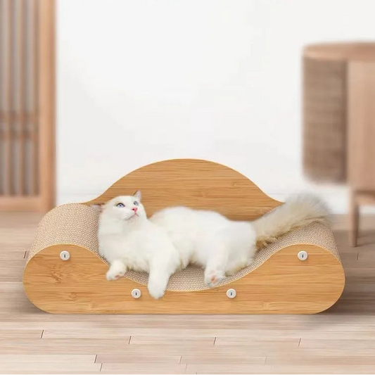 Large Wooden Cat Scratcher Bed | Curved Cat Lounge, Scratch Board Sofa & Resting Bed for Indoor Cats