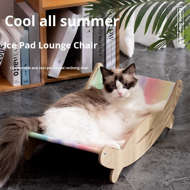 Pet Cooling Bed for Cats with Wooden Frame | Cat Ice Pad Lounger, Summer Cooling Recliner Bed for Cats & Small Dogs
