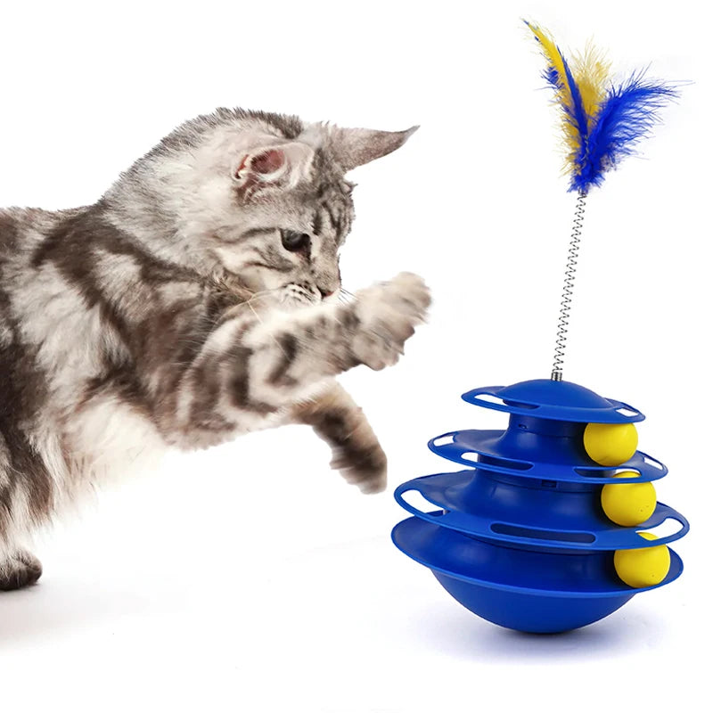 Interactive Cat Toy Tower with Feather Teaser | 3-Tier Ball Track Stimulator