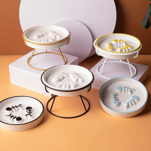 Elevated Slow Feeder Cat Bowl | Anti-Gulping Ceramic Bowl with Stand | Whisker-Friendly Healthy Feeding Bowl