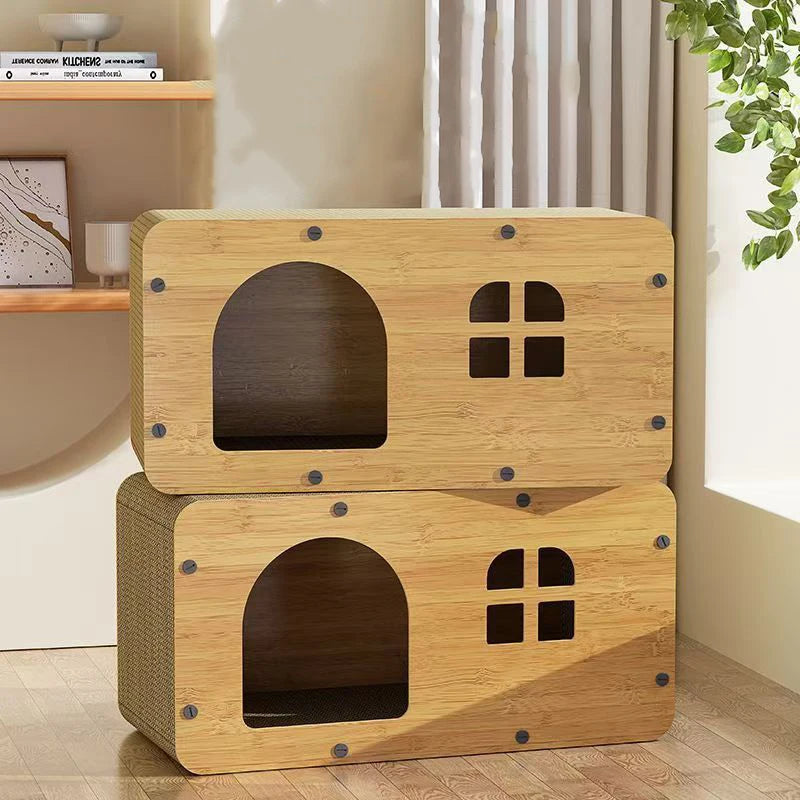 Wooden Cat House with Scratcher Bed | 2-in-1 Cat Hideout, Scratching Lounge & Resting Box for Indoor Cats