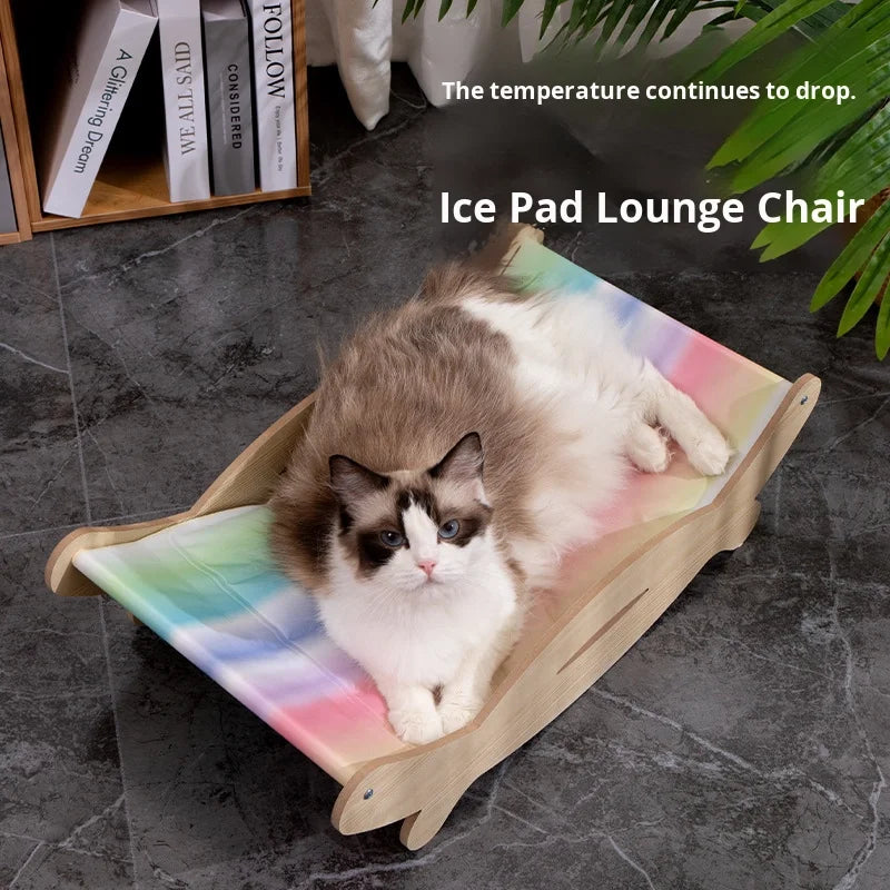 Pet Cooling Bed for Cats with Wooden Frame | Cat Ice Pad Lounger, Summer Cooling Recliner Bed for Cats & Small Dogs