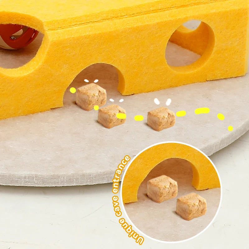 Interactive Cheese Puzzle Cat Toy with Hidden Treat Game | Felt Scratcher & Feather Teaser