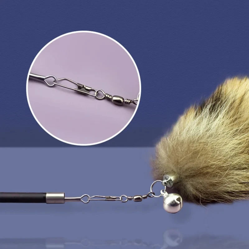 Interactive Retractable Cat Teaser Wand with Fluffy Tail Toy | Durable Carbon Steel Cat Toy