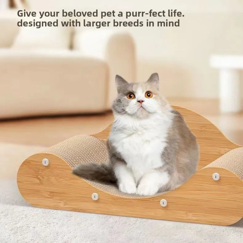 Large Wooden Cat Scratcher Bed | Curved Cat Lounge, Scratch Board Sofa & Resting Bed for Indoor Cats