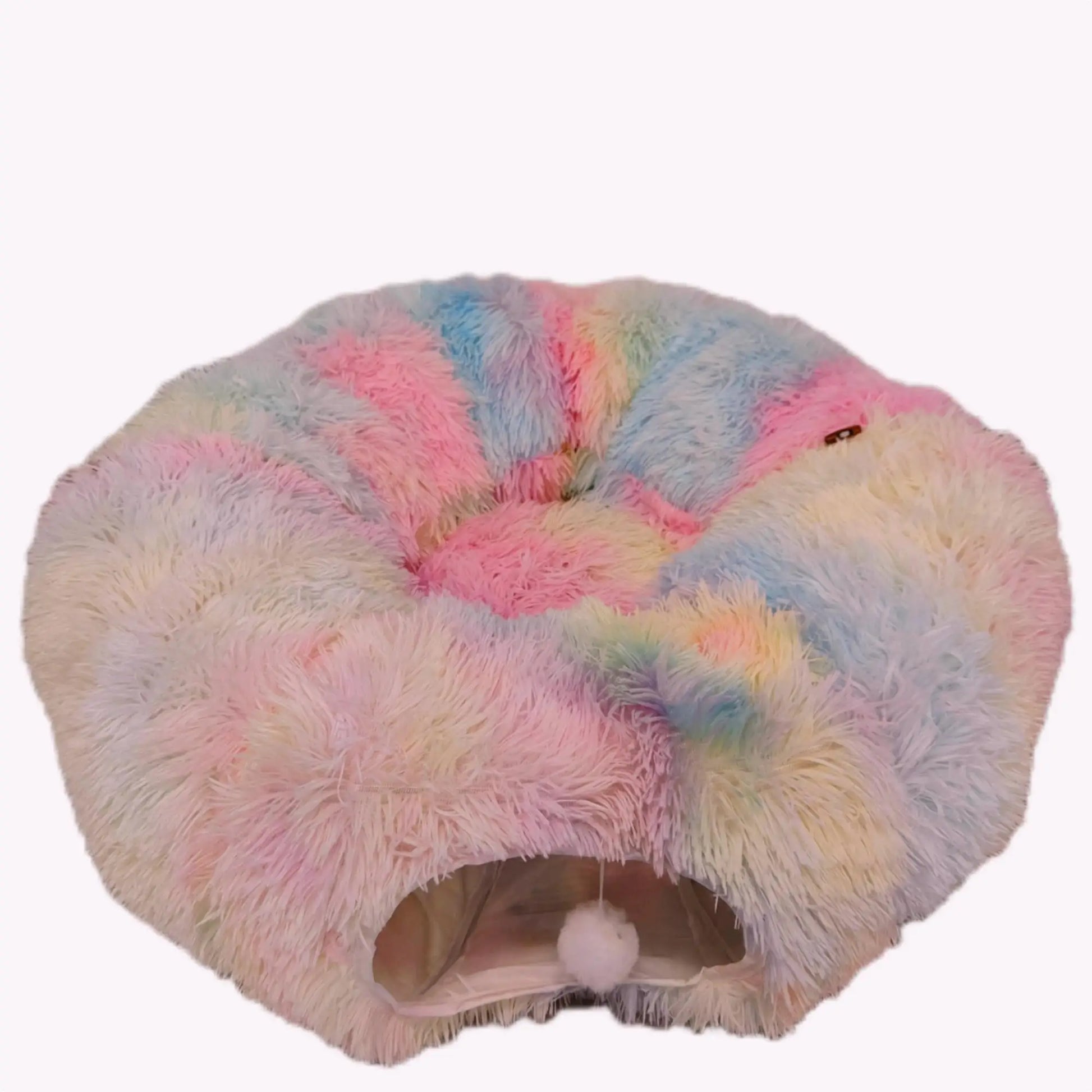Multicolored fluffy pet bed on a white background