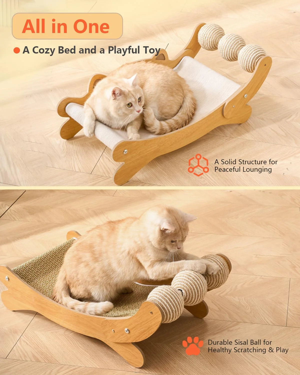 Curved Cat Lounger with Sisal Scratcher & Toy Balls | Wooden Cat Bed + Scratcher Combo