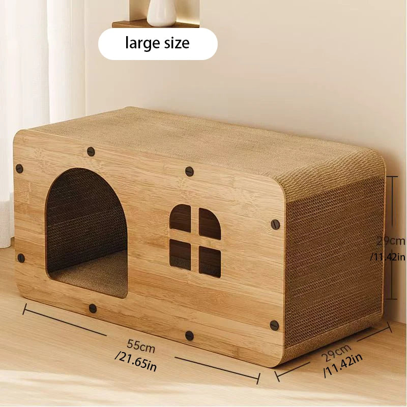 Wooden Cat House with Scratcher Bed | 2-in-1 Cat Hideout, Scratching Lounge & Resting Box for Indoor Cats