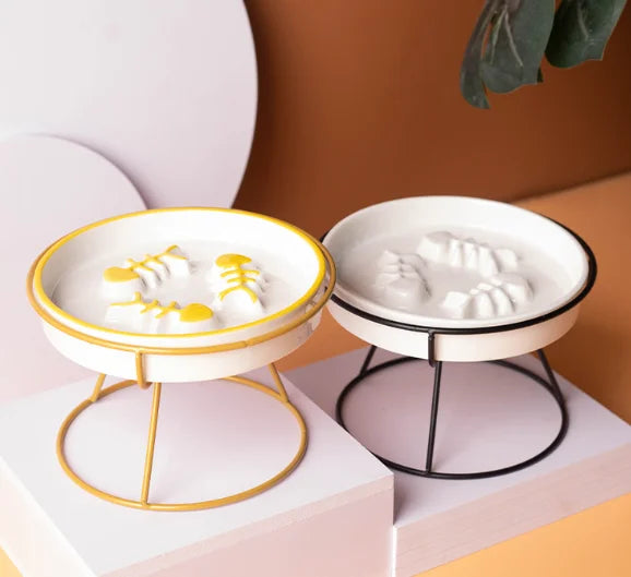 Elevated Slow Feeder Cat Bowl | Anti-Gulping Ceramic Bowl with Stand | Whisker-Friendly Healthy Feeding Bowl