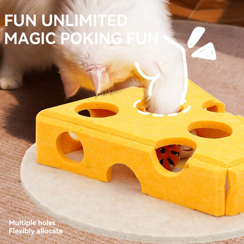 Interactive Cheese Puzzle Cat Toy with Hidden Treat Game | Felt Scratcher & Feather Teaser