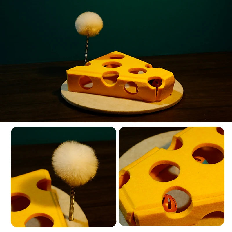 Interactive Cheese Puzzle Cat Toy with Hidden Treat Game | Felt Scratcher & Feather Teaser