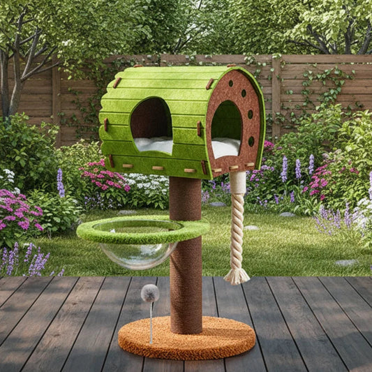 Cat tree with green roof in a garden setting