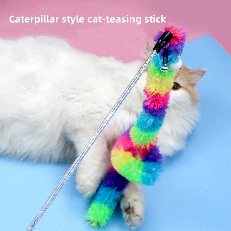 Rainbow Caterpillar Cat Teaser Wand with Bell | Pack of Two