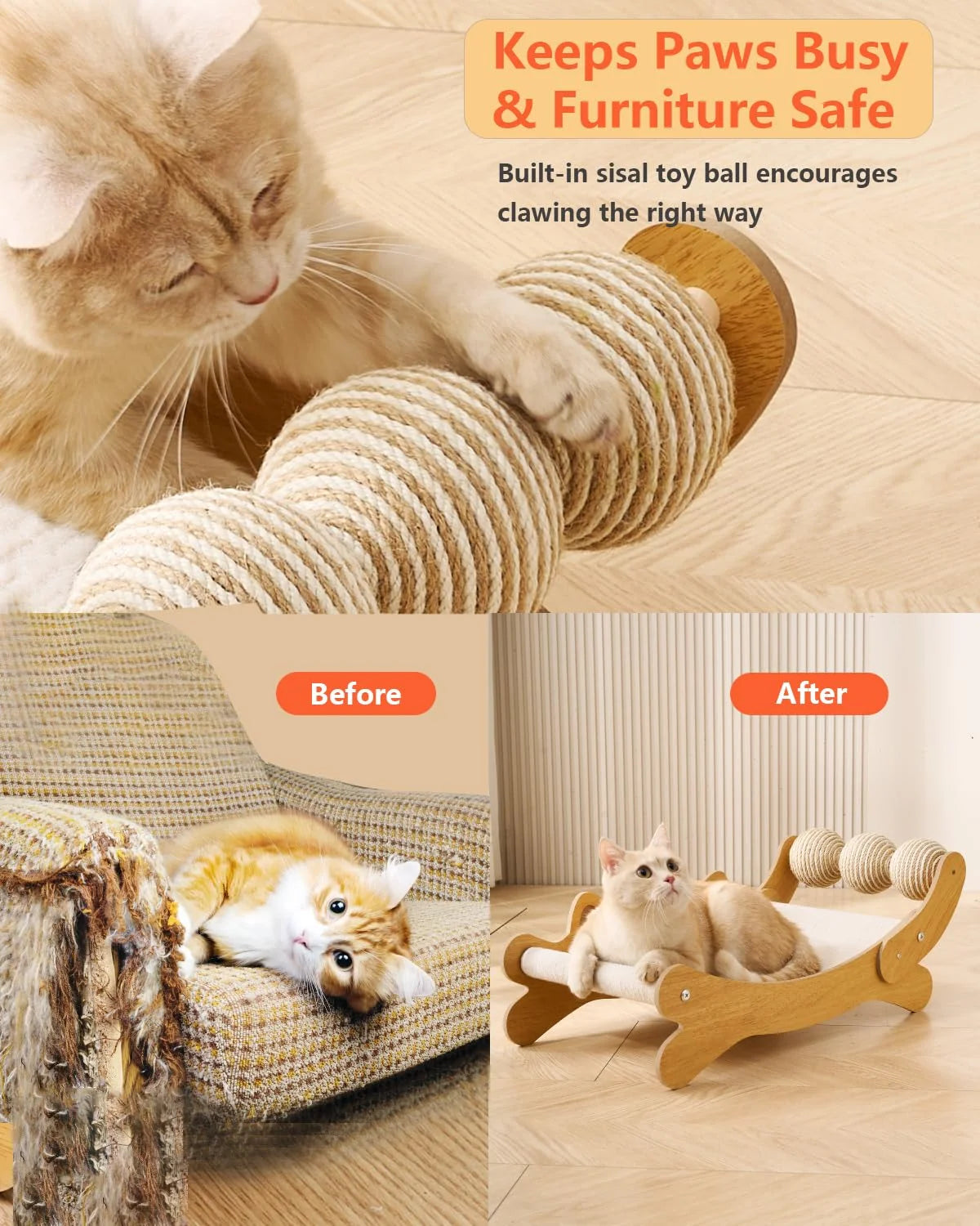 Curved Cat Lounger with Sisal Scratcher & Toy Balls | Wooden Cat Bed + Scratcher Combo