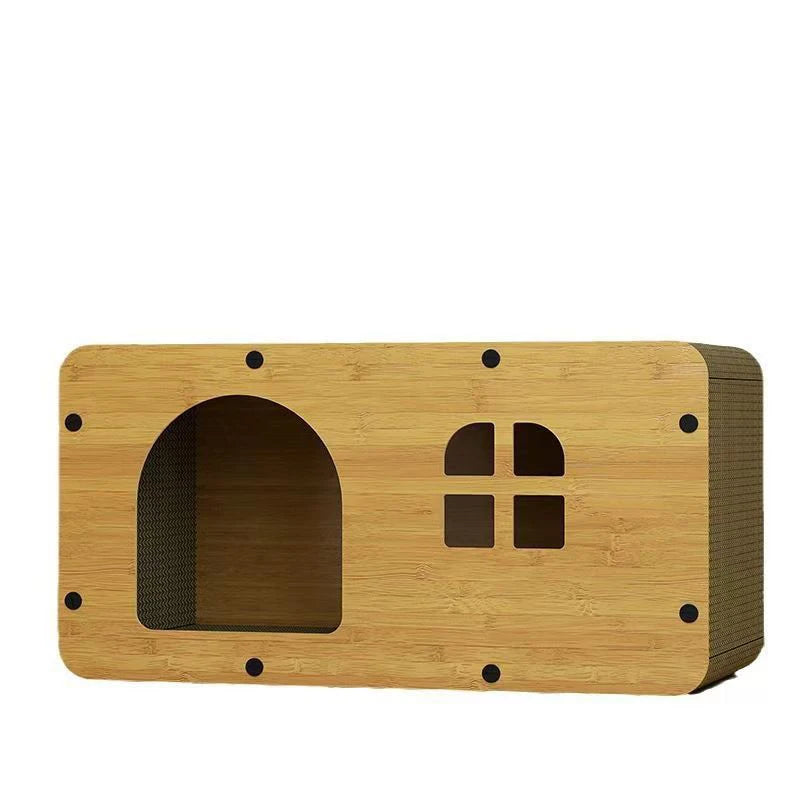 Wooden Cat House with Scratcher Bed | 2-in-1 Cat Hideout, Scratching Lounge & Resting Box for Indoor Cats