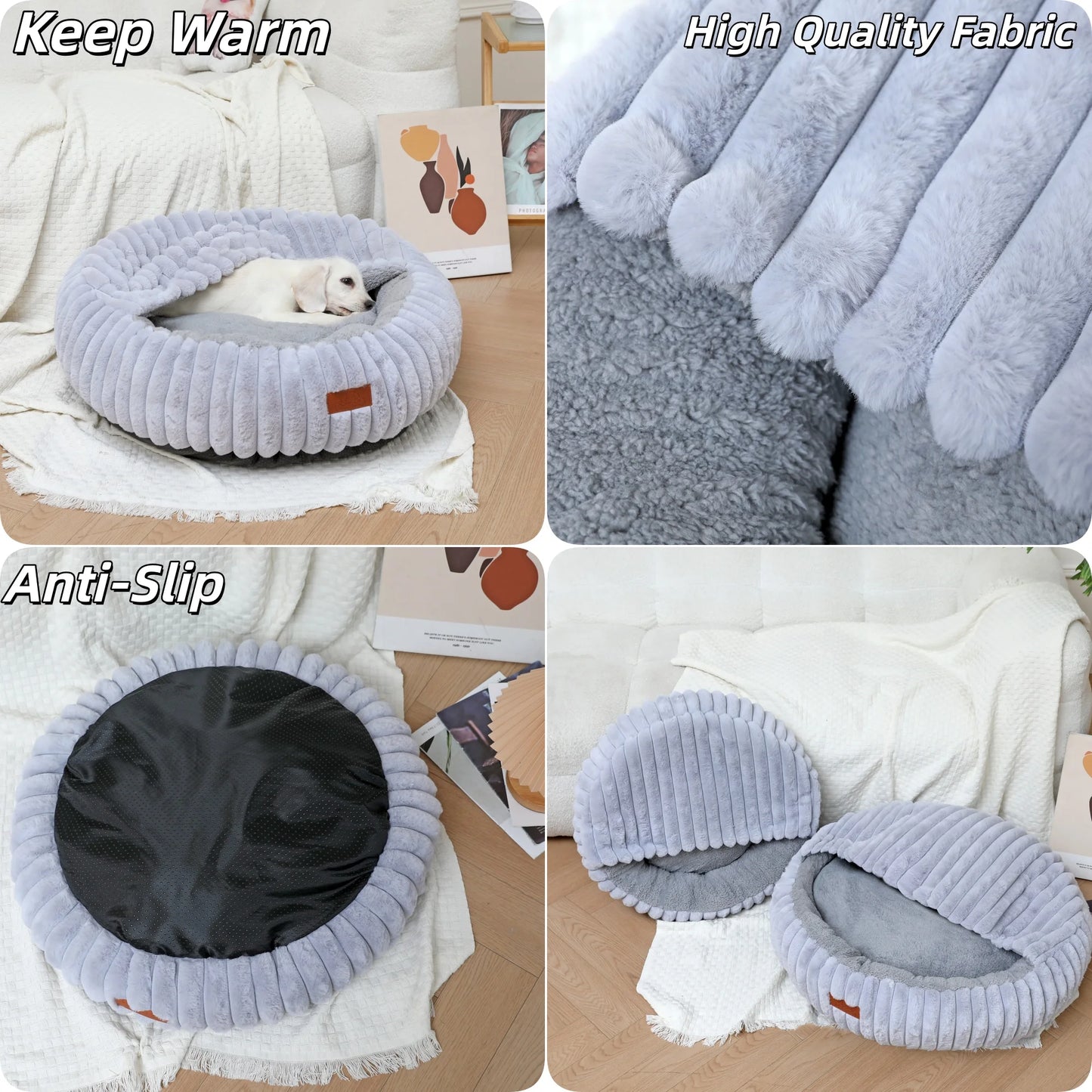Ultra-Soft Calming Pet Bed| Warm Anti-Anxiety Nest Bed for Cats(Anti-Slip Base)