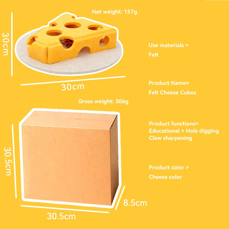 Interactive Cheese Puzzle Cat Toy with Hidden Treat Game | Felt Scratcher & Feather Teaser