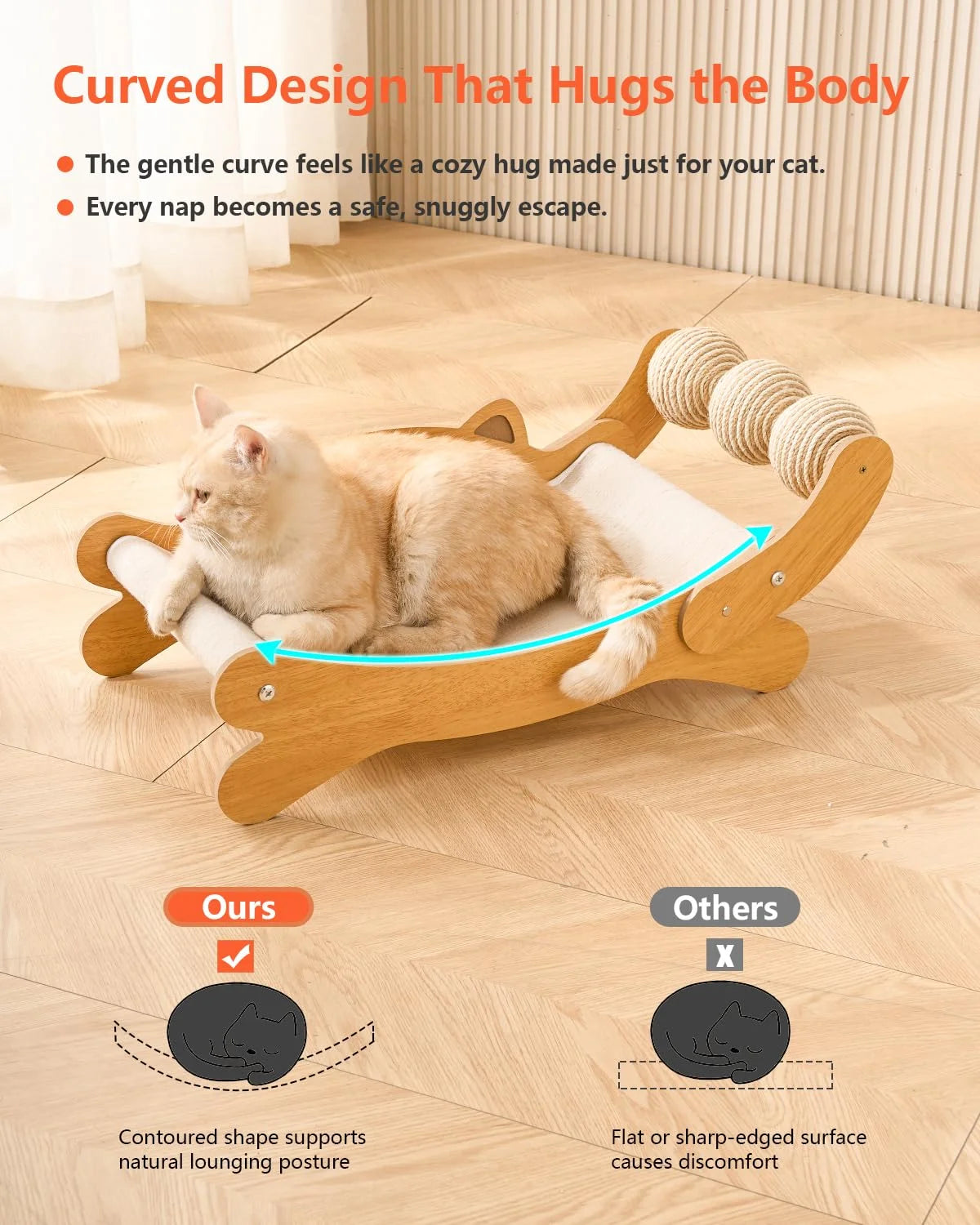 Curved Cat Lounger with Sisal Scratcher & Toy Balls | Wooden Cat Bed + Scratcher Combo