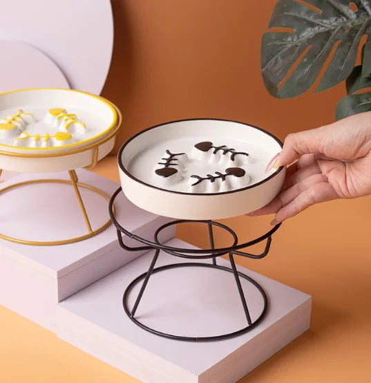 Elevated Slow Feeder Cat Bowl | Anti-Gulping Ceramic Bowl with Stand | Whisker-Friendly Healthy Feeding Bowl