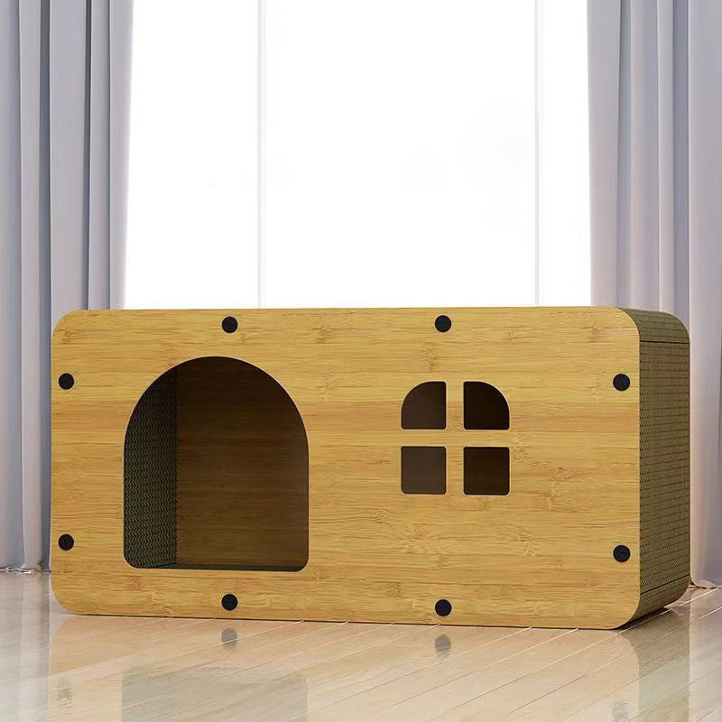 Wooden Cat House with Scratcher Bed | 2-in-1 Cat Hideout, Scratching Lounge & Resting Box for Indoor Cats