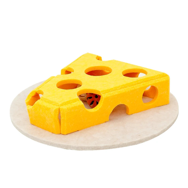 Interactive Cheese Puzzle Cat Toy with Hidden Treat Game | Felt Scratcher & Feather Teaser