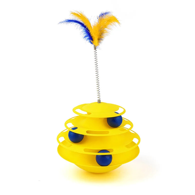 Interactive Cat Toy Tower with Feather Teaser | 3-Tier Ball Track Stimulator