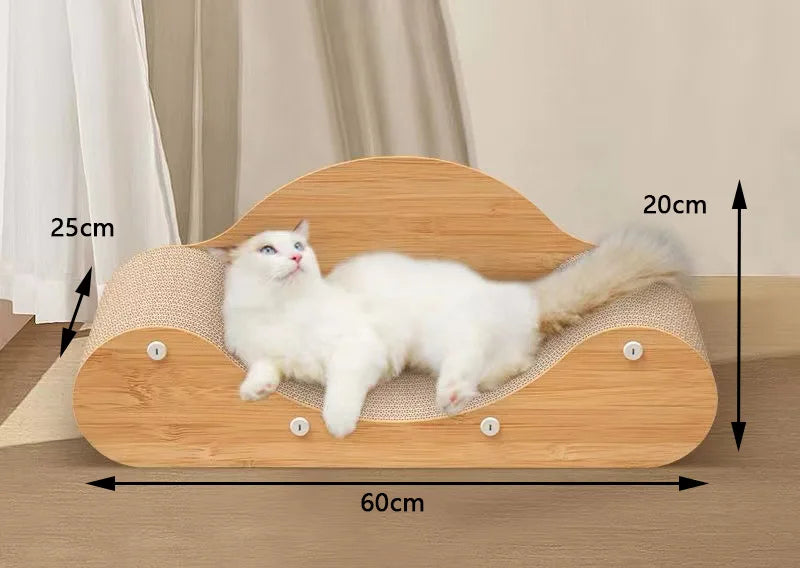 Large Wooden Cat Scratcher Bed | Curved Cat Lounge, Scratch Board Sofa & Resting Bed for Indoor Cats